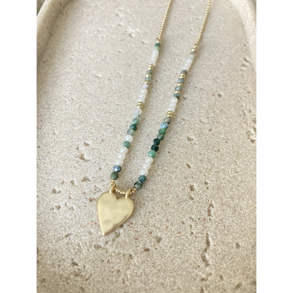 NEW Lucky Brand Gold Tone Heart Pendant Necklace Pearl Green Beaded Chain Dainty